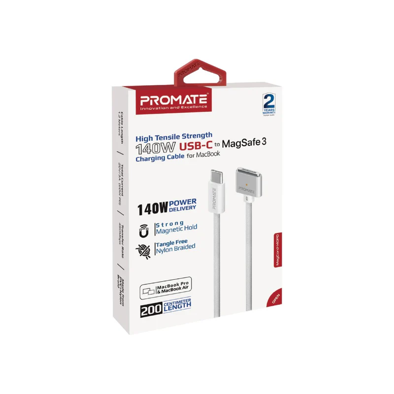 Promate MagCord-140PD MacBook Durable USB-C to MagSafe 3 Charging Cable w/ 140W Power Delivery 2M Nylon Braided Promate MagCord-140PD MacBook Durable USB-C to MagSafe 3 Charging Cable w/ 140W Power Delivery 2M Nylon Braided